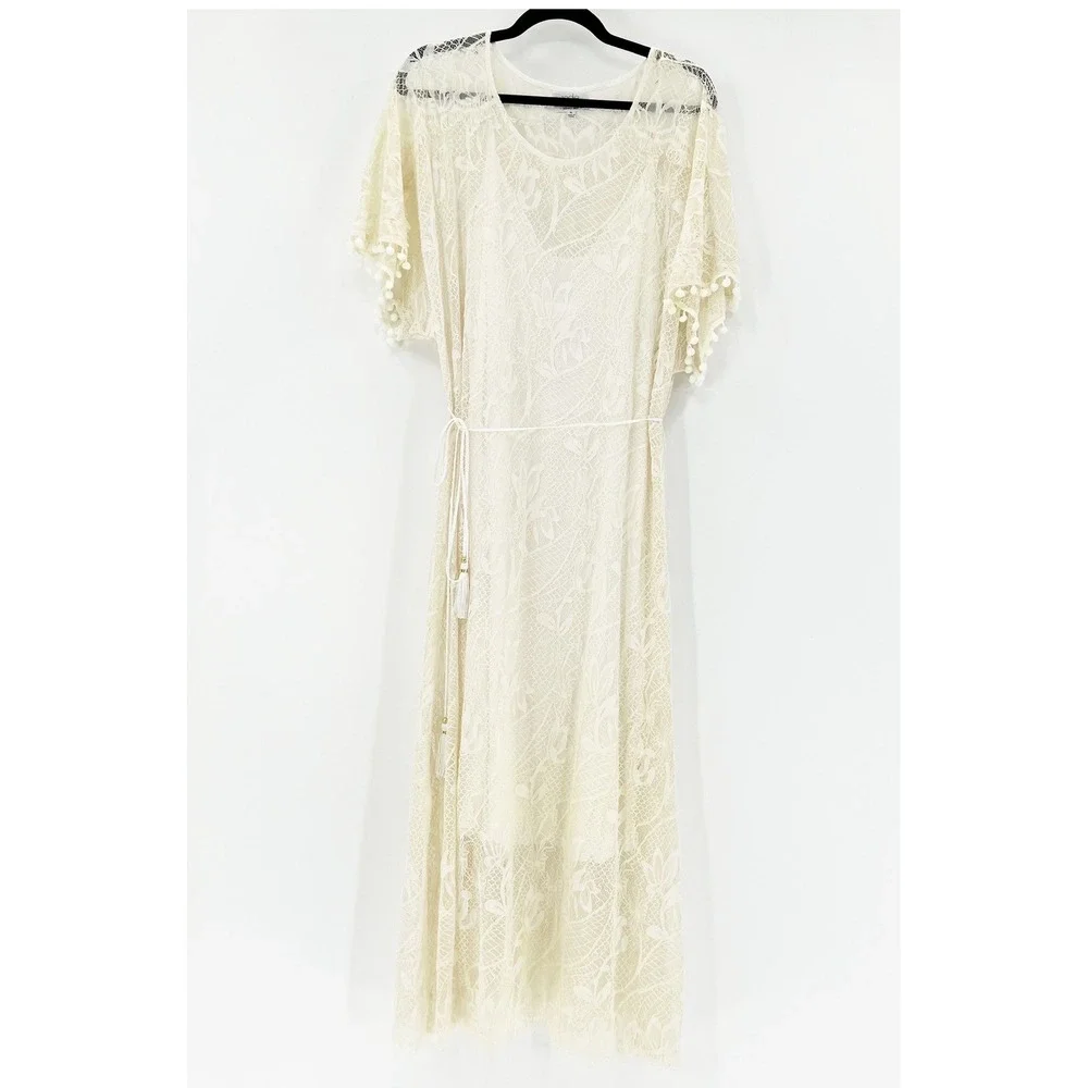 Jade by Johnny Was Cream Lace Maxi Dress Pom Pom Flutter Sleeve XL L37719-1 - Picture 4 of 7